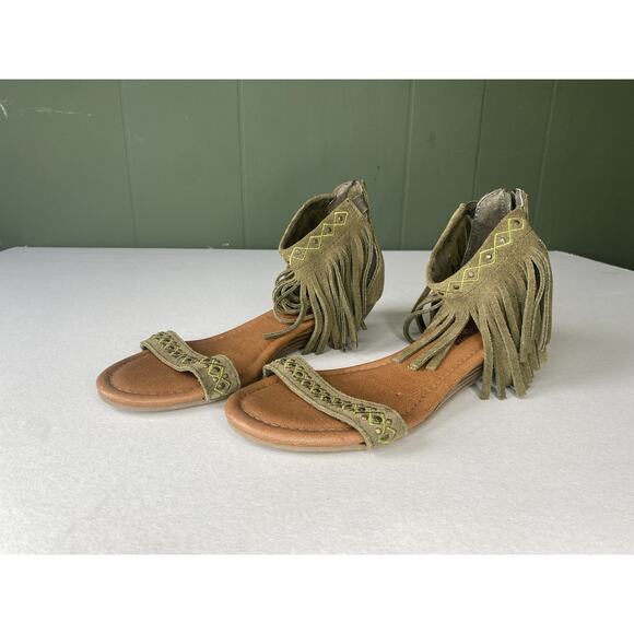Minnetonka Womens Wedge Sandals Size 7 Green Suede Fringe Western Festival - Picture 10 of 12
